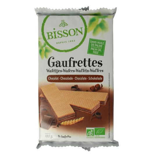 Bisson bio chocolate waffles, 190g, featuring crispy koeken with chocolate coating and textured surface.