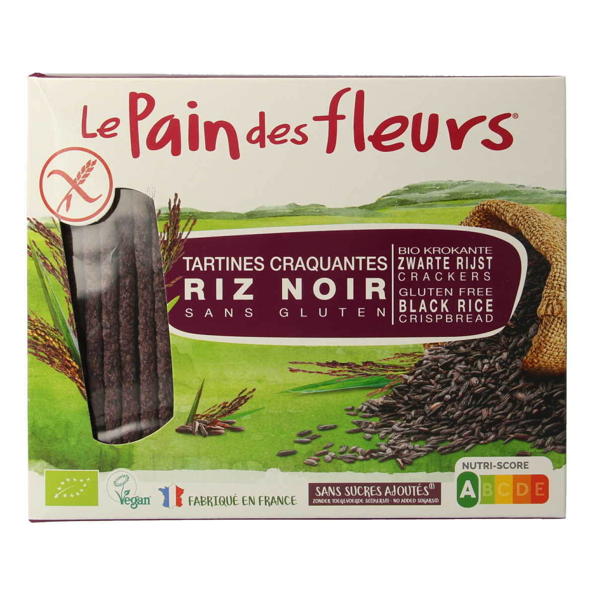 Pain Des Fleurs crispy black rice gluten-free organic crackers in 150g package, shown in a close-up image.