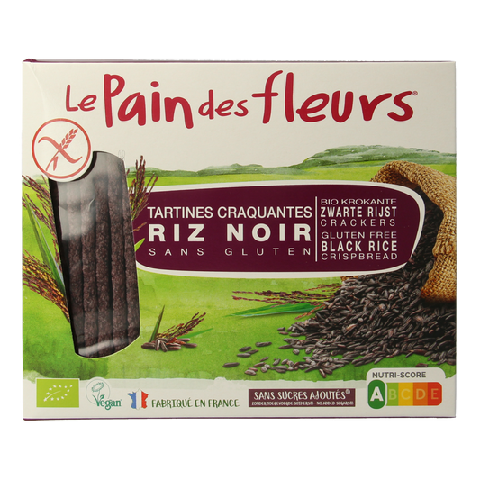 Pain Des Fleurs crispy black rice gluten-free organic crackers in 150g package, shown in a close-up image.