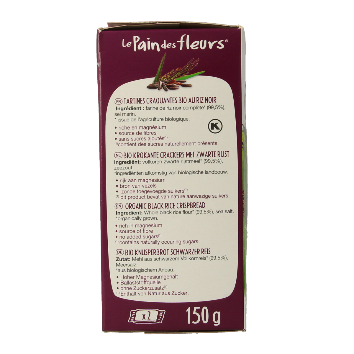 Pain Des Fleurs krokante crackers made from black rice, gluten-free, organic, 150g, shown in a close-up image.