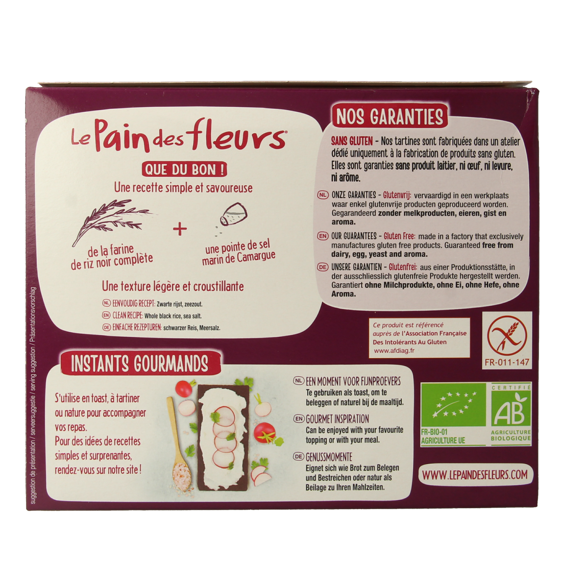 Pain Des Fleurs gluten-free crispy black rice crackers in 150g package, made with organic ingredients.