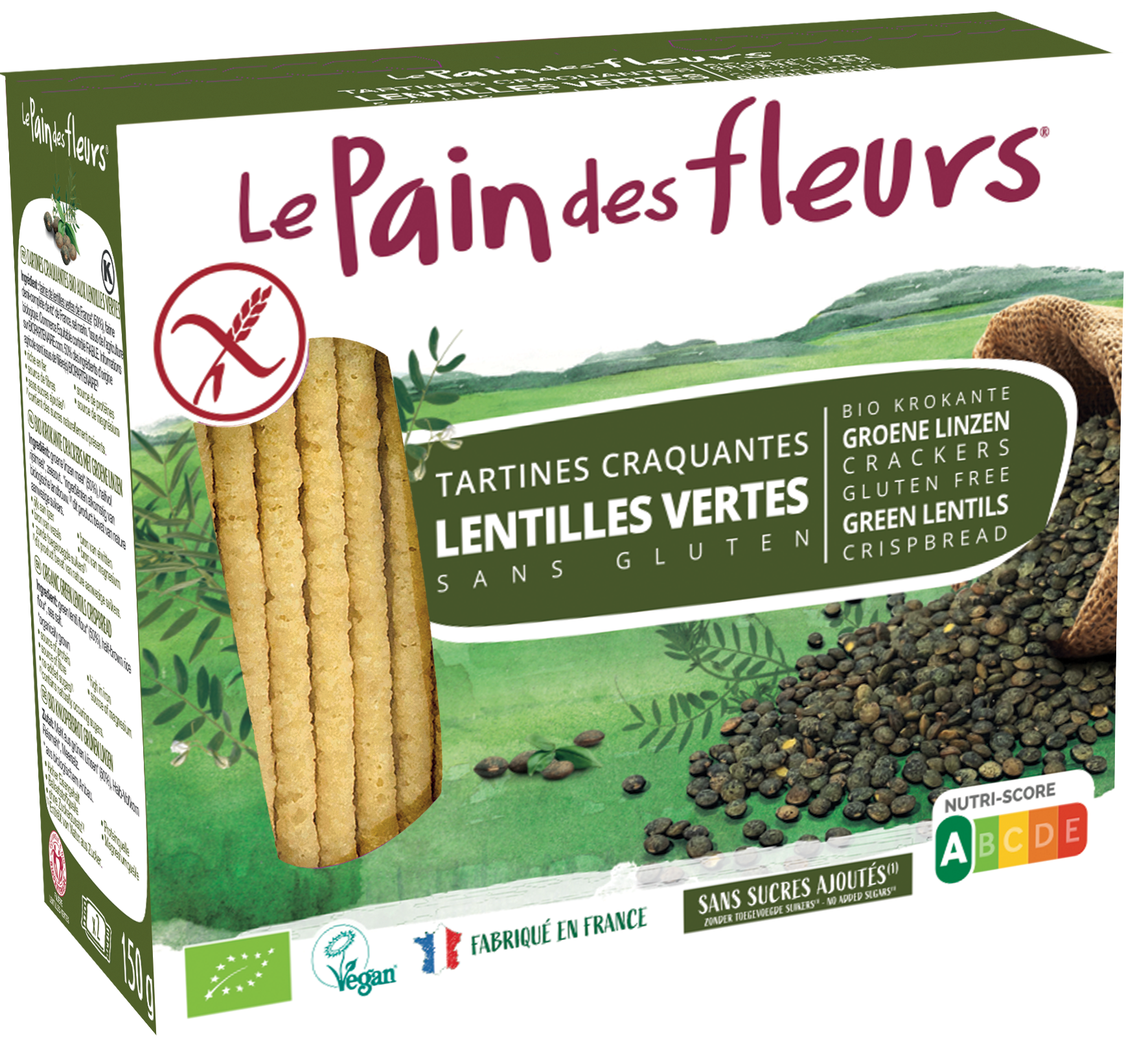Pain Des Fleurs gluten-free crispy crackers with green lentils in a 150g package, ideal for snacks or toppings.