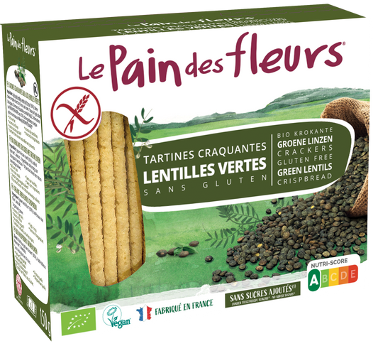Pain Des Fleurs gluten-free crispy crackers with green lentils in a 150g package, ideal for snacks or toppings.