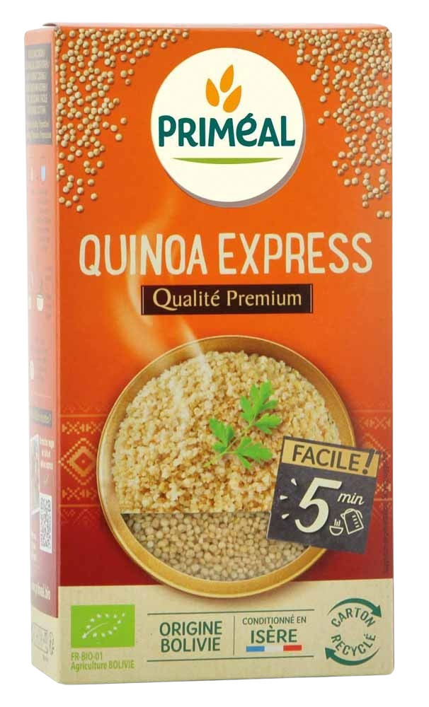 Primeal quinoa express puur natuur bio 250g package, organic gluten-free quinoa in a resealable bag.