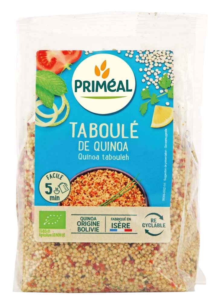 Primeal Quinoa express Tabouleh style bio, 250g, with fresh herbs and grains in a colorful bowl.