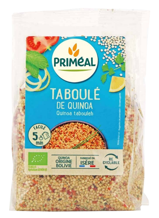 Primeal Quinoa express Tabouleh style bio, 250g, with fresh herbs and grains in a colorful bowl.