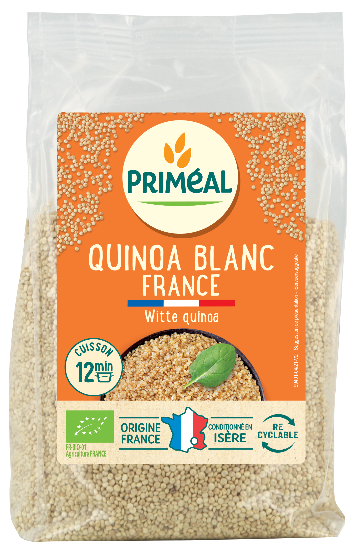 Primeal organic quinoa in a 400g package, raw superfood with light beige grains, ideal for healthy cooking and meal prep.