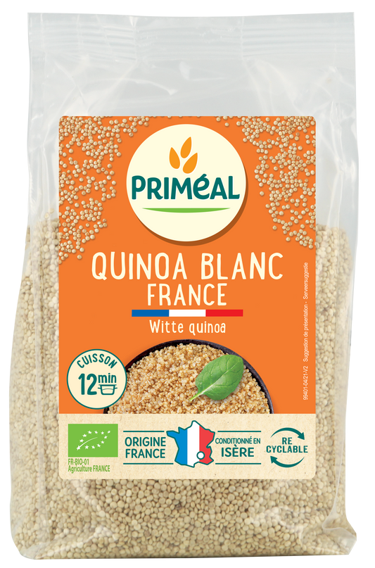 Primeal organic quinoa in a 400g package, raw superfood with light beige grains, ideal for healthy cooking and meal prep.