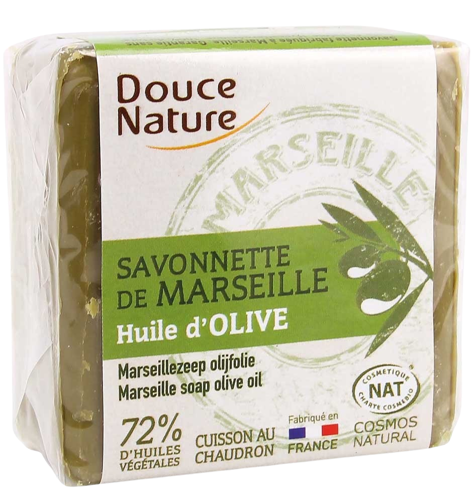 Douce Nature Zeep Marseille olive oil soap bar, 100g, natural bio soap with a rustic appearance and olive oil ingredients.