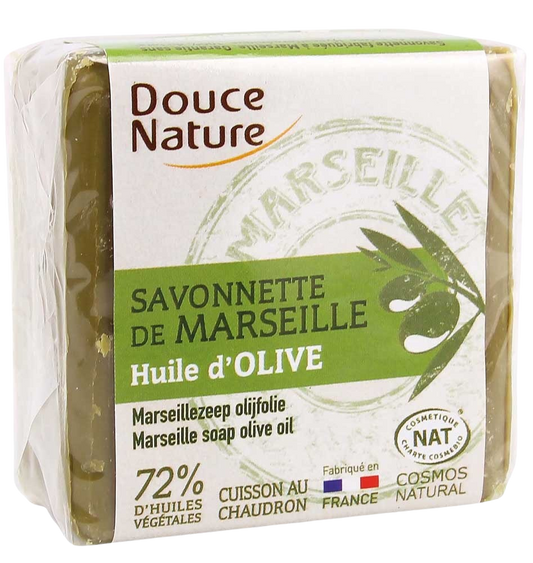 Douce Nature Zeep Marseille olive oil soap bar, 100g, natural bio soap with a rustic appearance and olive oil ingredients.