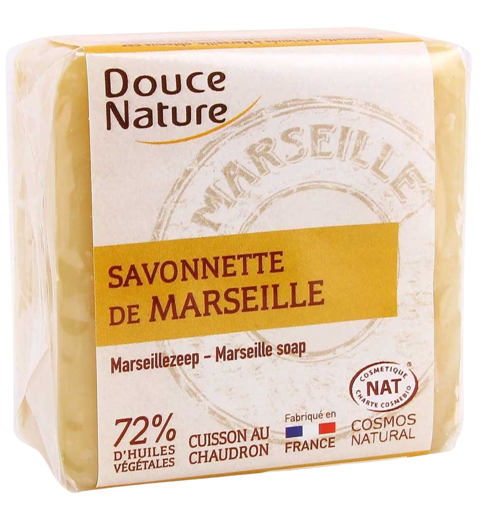 Natural Douce Nature Zeep Marseille bio soap bar with 100g, showing the soap's textured surface and eco-friendly packaging.