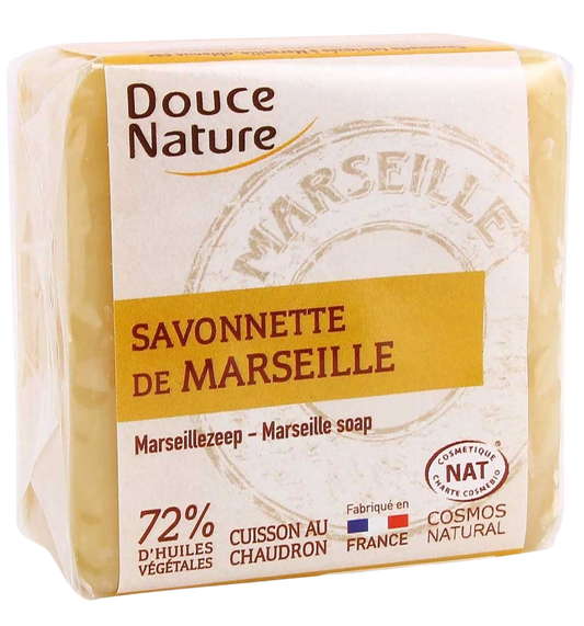 Natural Douce Nature Zeep Marseille bio soap bar with 100g, showing the soap's textured surface and eco-friendly packaging.