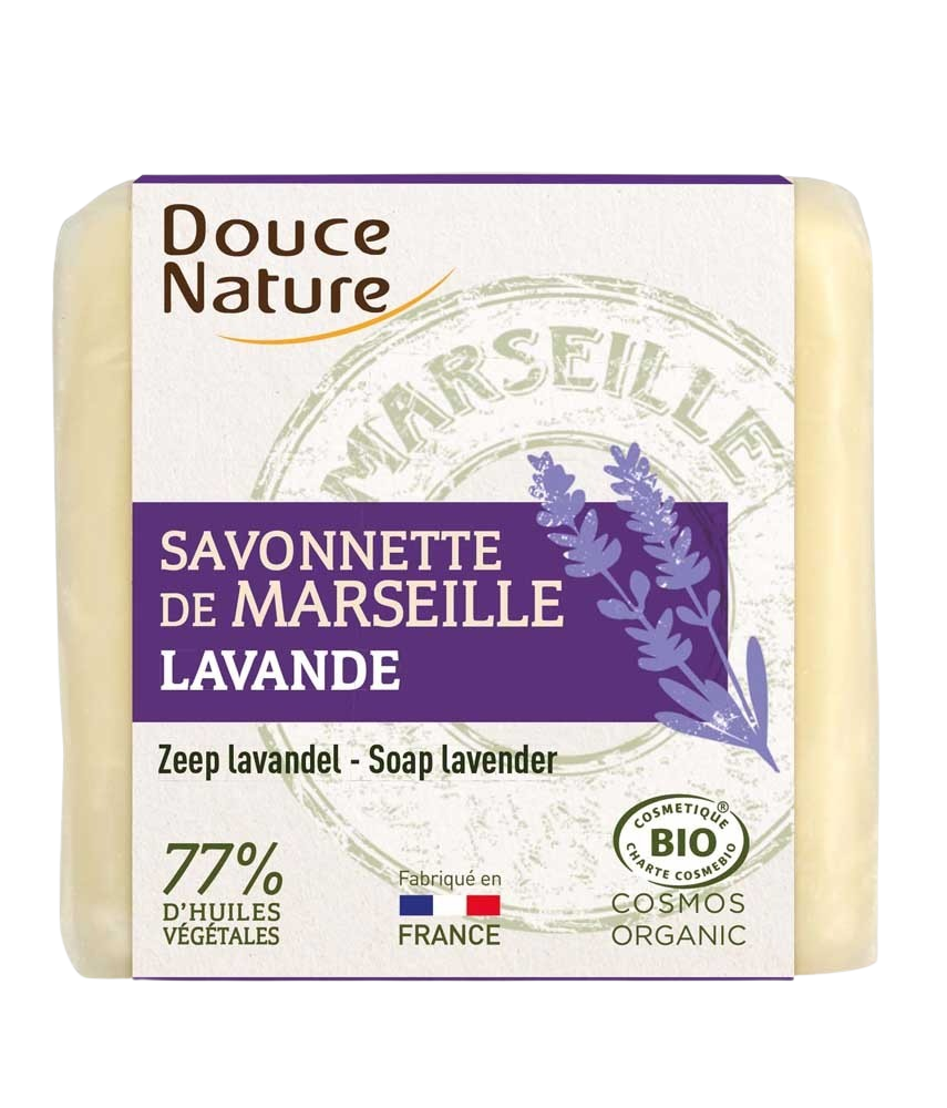 Lavender soap bar from Douce Nature, organic Zeep lavendel bio in 100 grams, showing a lavender-scented soap with floral design.