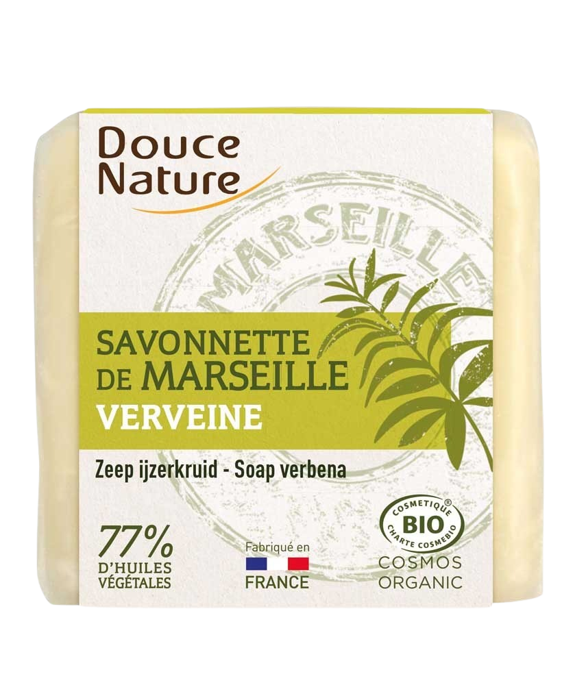 Douce Nature Zeep Marseille met ijzerkruid en verbena, biologische 100g natuurlijke zeep bar with herbal ingredients.
