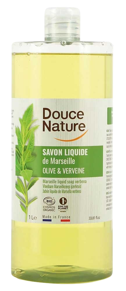 Douce Nature Zeep Marseille liquid soap with organic ironwort and verbena, 1 liter bottle, natural skincare product.
