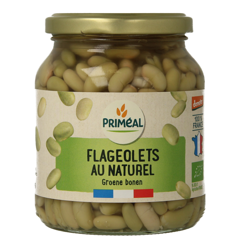 Primeal organic green kidney beans flageolet in 350g package, fresh and vibrant, suitable for healthy cooking and vegetarian dishes.