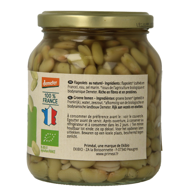 Primeal groene kidneyboon flageolet bio in 350g package, fresh organic green beans on a white background