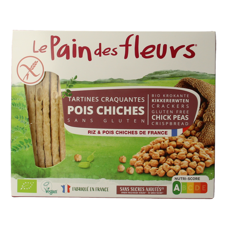 Pain Des Fleurs gluten-free crispy chickpea crackers in 150g package, showing golden-brown, crunchy texture and natural ingredients.