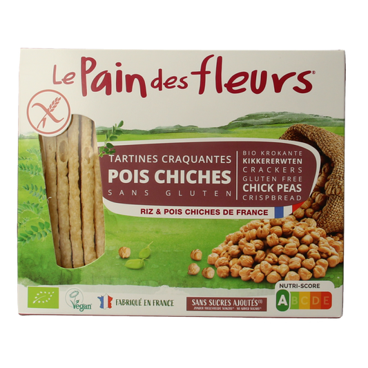 Pain Des Fleurs gluten-free crispy chickpea crackers in 150g package, showing golden-brown, crunchy texture and natural ingredients.