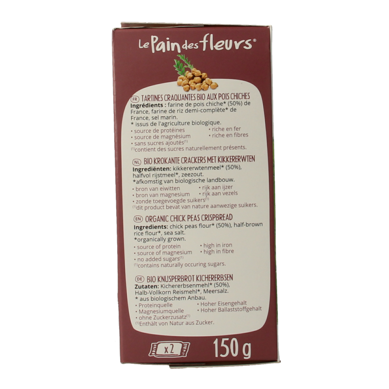 Pain Des Fleurs gluten-free crispy chickpea crackers in a 150g package, showcasing golden, textured, crunchy bread and cracker slices.