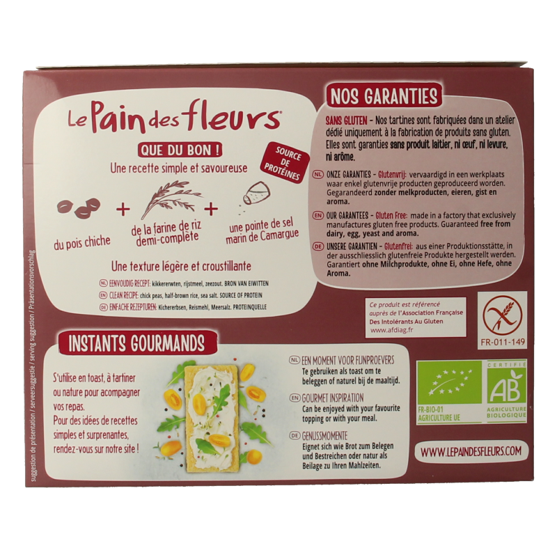 Pain Des Fleurs crispy gluten-free chickpea crackers in 150g package, featuring a golden-brown, textured surface.