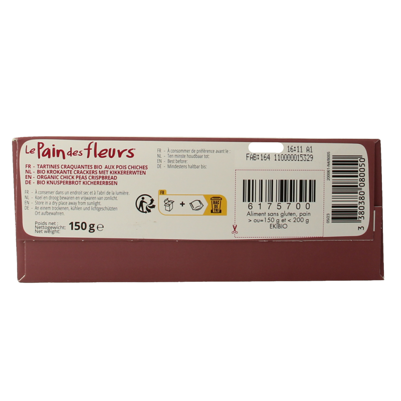 Pain Des Fleurs gluten-free crispy chickpea crackers in 150g package, showcasing golden, crunchy texture and natural ingredients.