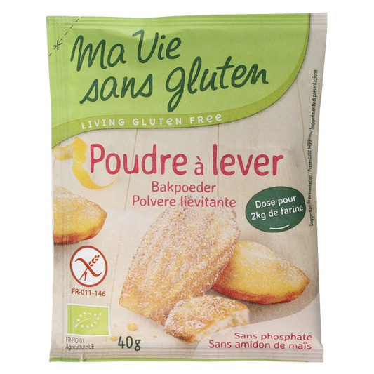 Ma Vie Sans glutenvrije, biologische bakmix met bakpoeder, 40 gram, voor glutenvrije bakrecepten, in een kleurrijke verpakking