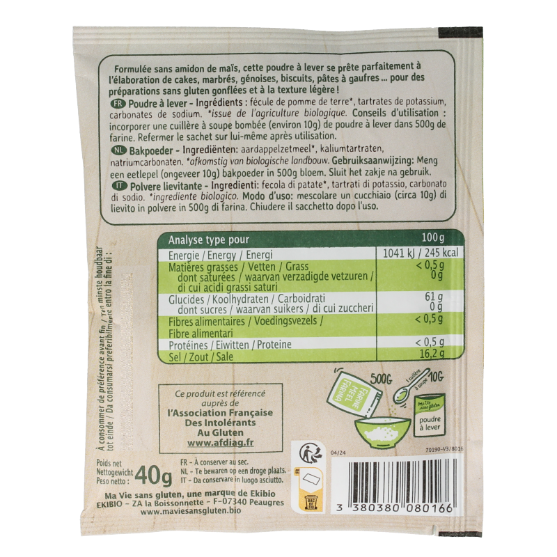 Ma Vie Sans glutenvrije bakmix met bakpoeder in 40 gram verpakking, biologisch en glutenvrij, voor bakken en koken.
