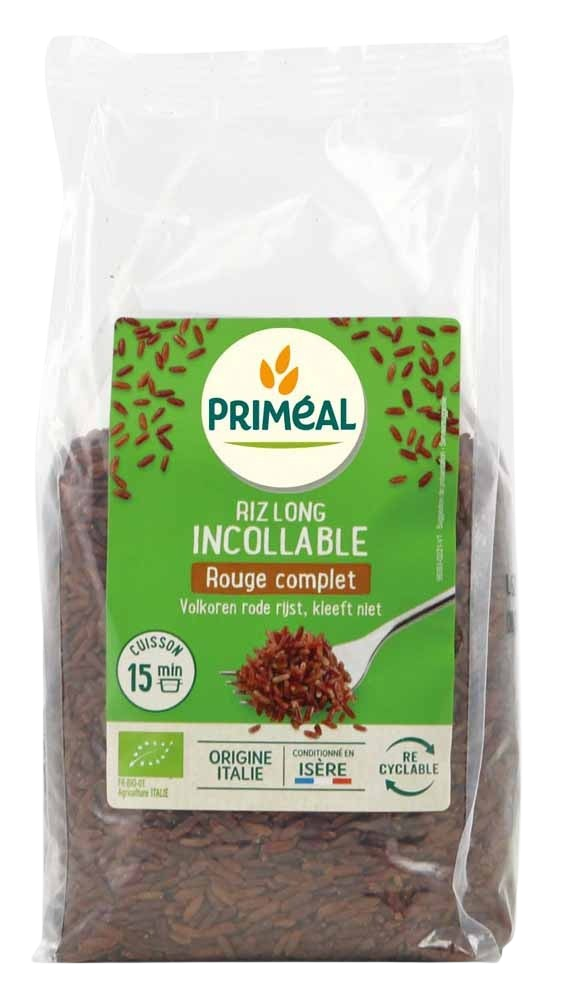 Primeal organic red whole grain rice in 500g package, uncooked, showing the long, red rice grains on a white background.