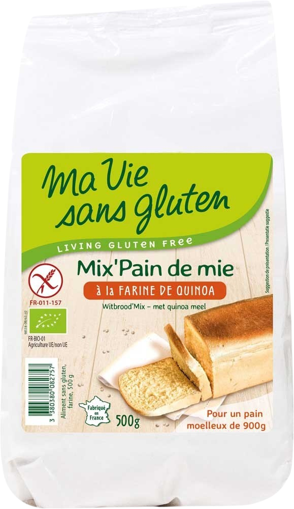 Ma Vie Sans bio glutenvrije broodmix met quinomeel in 500g verpakking, geschikt voor glutenvrij bakken.