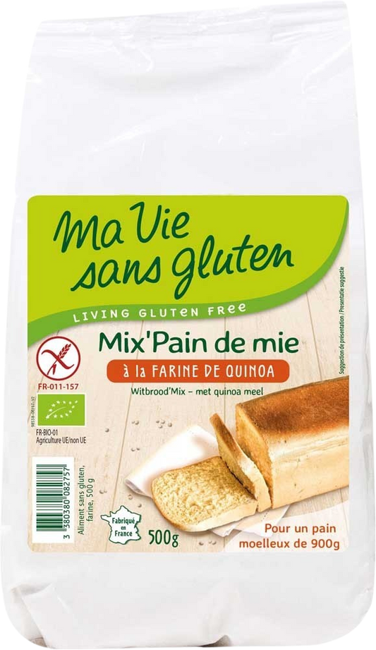Ma Vie Sans bio glutenvrije broodmix met quinomeel in 500g verpakking, geschikt voor glutenvrij bakken.