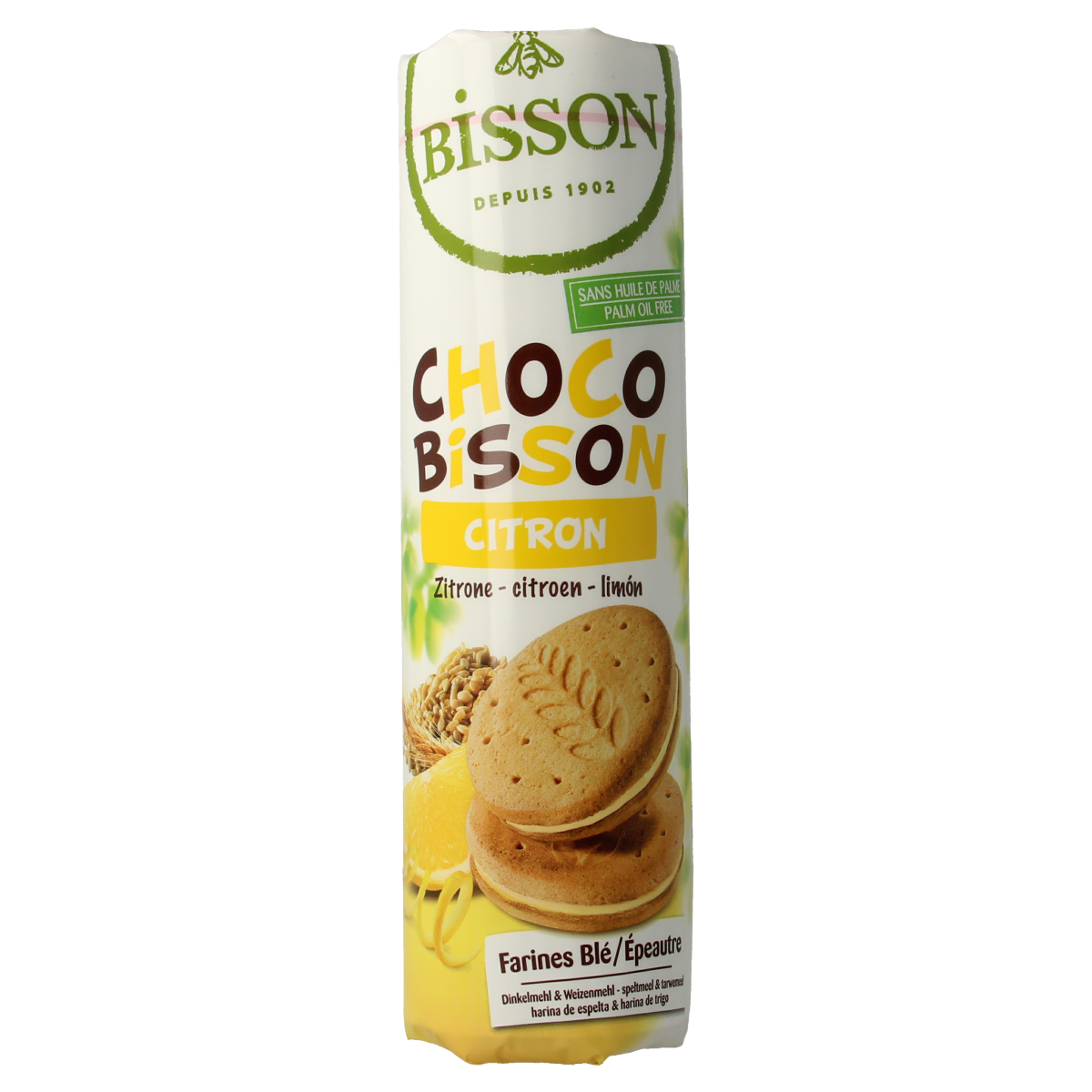 Bisson Choco Bisson citroen bio koeken, 300g, with chocolate and lemon flavor, displayed on a plate.