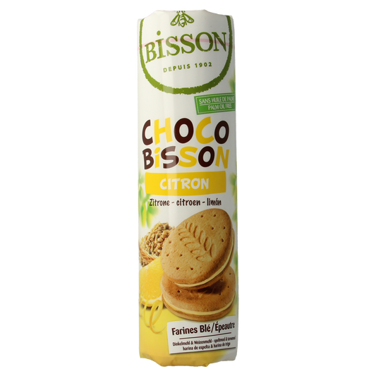 Bisson Choco Bisson citroen bio koeken, 300g, with chocolate and lemon flavor, displayed on a plate.
