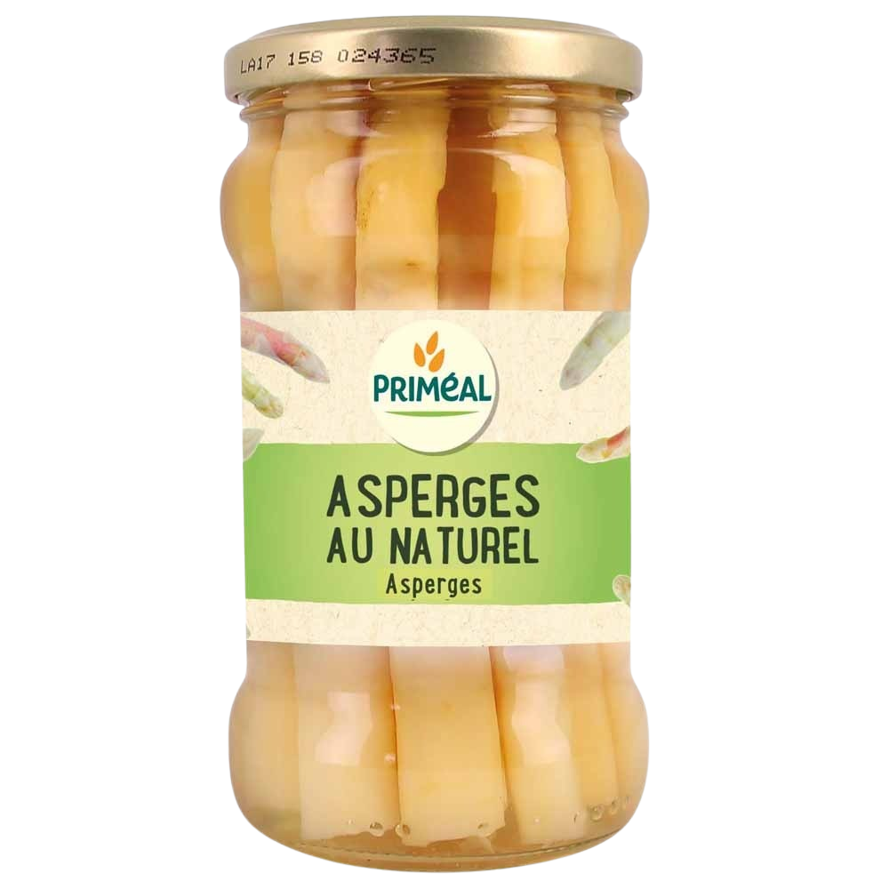 Canned Primeal organic asparagus conserve in a 280g jar, showcasing fresh green asparagus spears inside.