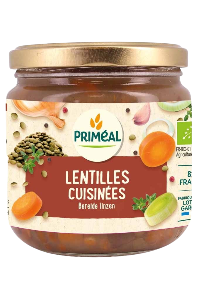 Primeal Bereide linzen bio 400g package, organic lentils in a clear bag, ready for cooking, displayed on a white background.