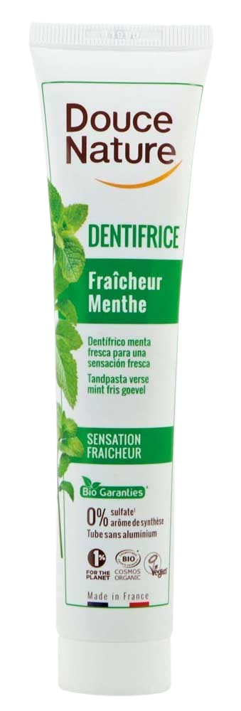 Douce Nature bio toothpaste with fresh mint flavor, 75ml, featuring natural ingredients and a clean, invigorating appearance.