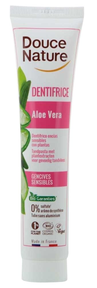 Douce Nature aloe vera sensitive toothpaste in 75ml tube, natural bio toothpaste for sensitive gums and oral care.