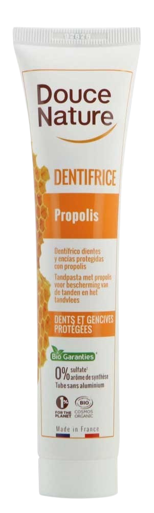 Douce Nature propolis organic toothpaste in 75ml tube, natural oral care product with mint-free formula.