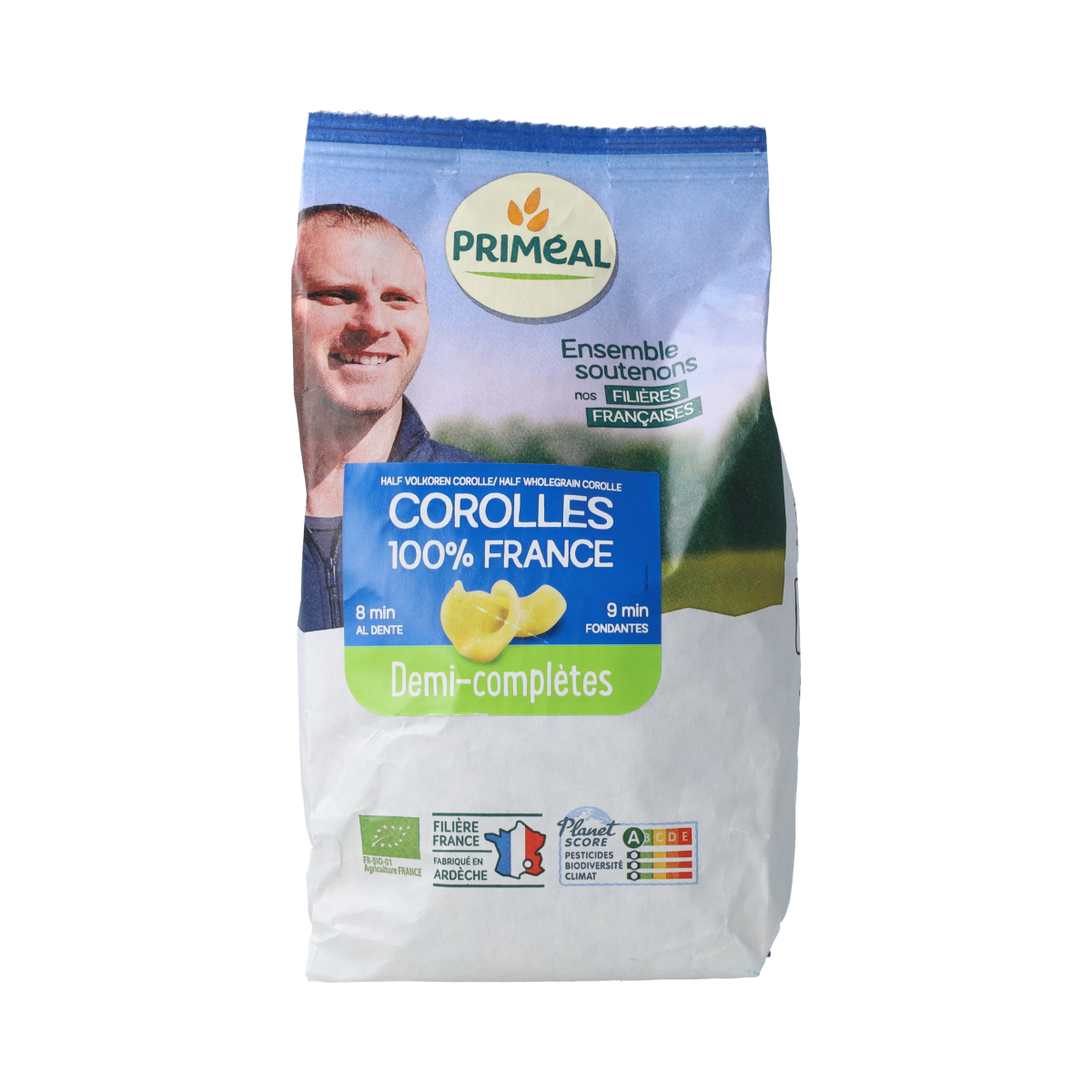 Primeal Corolle halfvolkoren organic pasta in 400g package, showing whole wheat pasta strands with a natural appearance