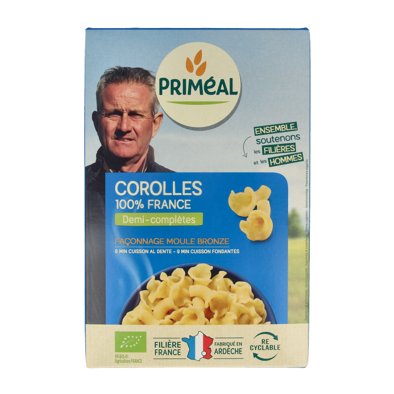 Primeal Corolle halfvolkoren organic pasta in 400g package, showcasing the whole wheat pasta shape and packaging.