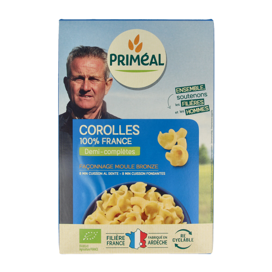 Primeal Corolle halfvolkoren organic pasta in 400g package, showcasing the whole wheat pasta shape and packaging.