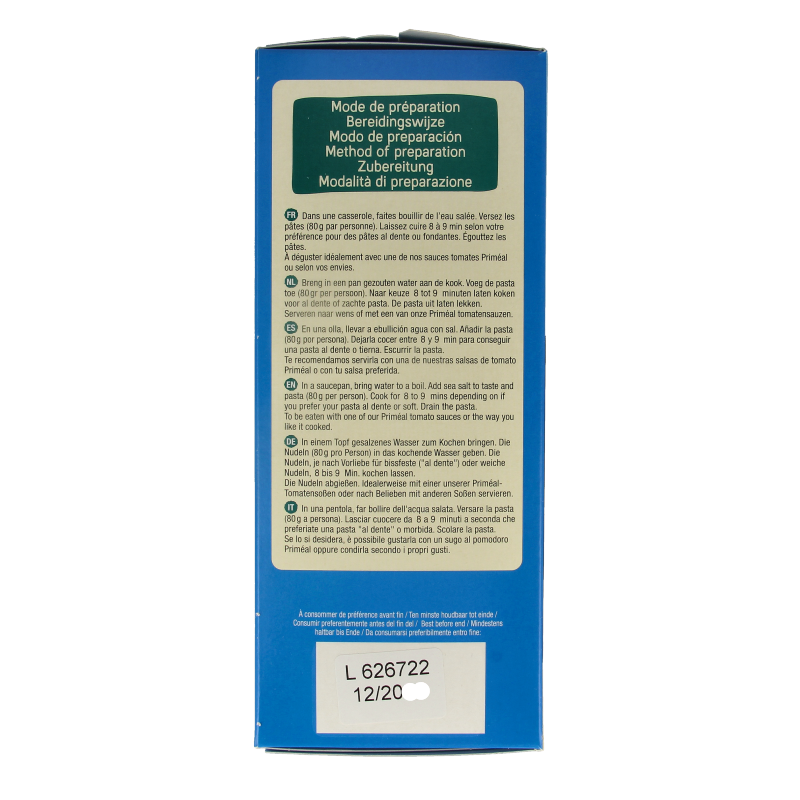 Primeal Corolle halfvolkoren organic pasta in 400g package, showing dried whole wheat pasta strands on the package.