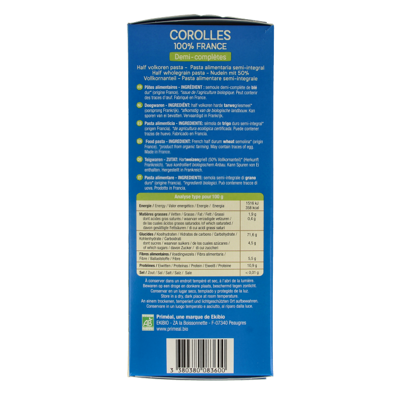 Primeal Corolle halfvolkoren organic pasta in a 400g package, showcasing the whole wheat pasta ready for cooking.