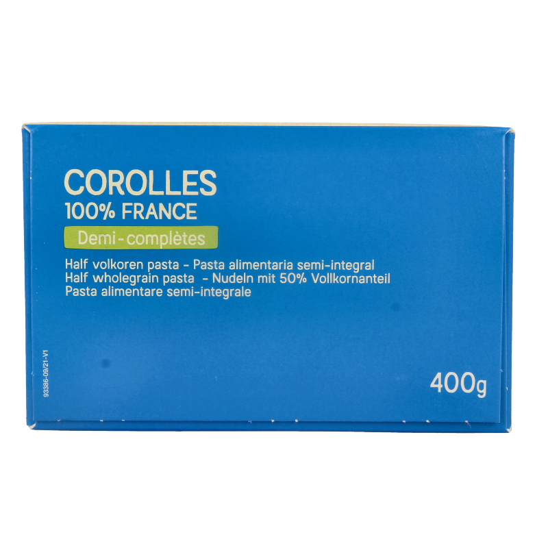 Primeal Corolle halfvolkoren organic whole wheat pasta in 400g package, showcasing cooked pasta strands on a white background.