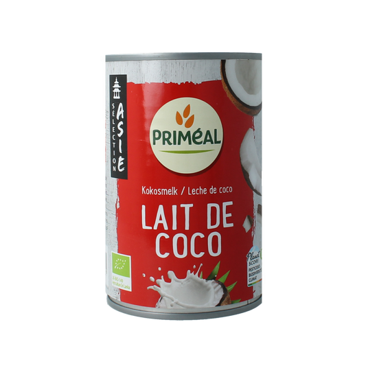 Primeal organic coconut milk in a 400ml container, used for sauces and flavorings, shown in the image.