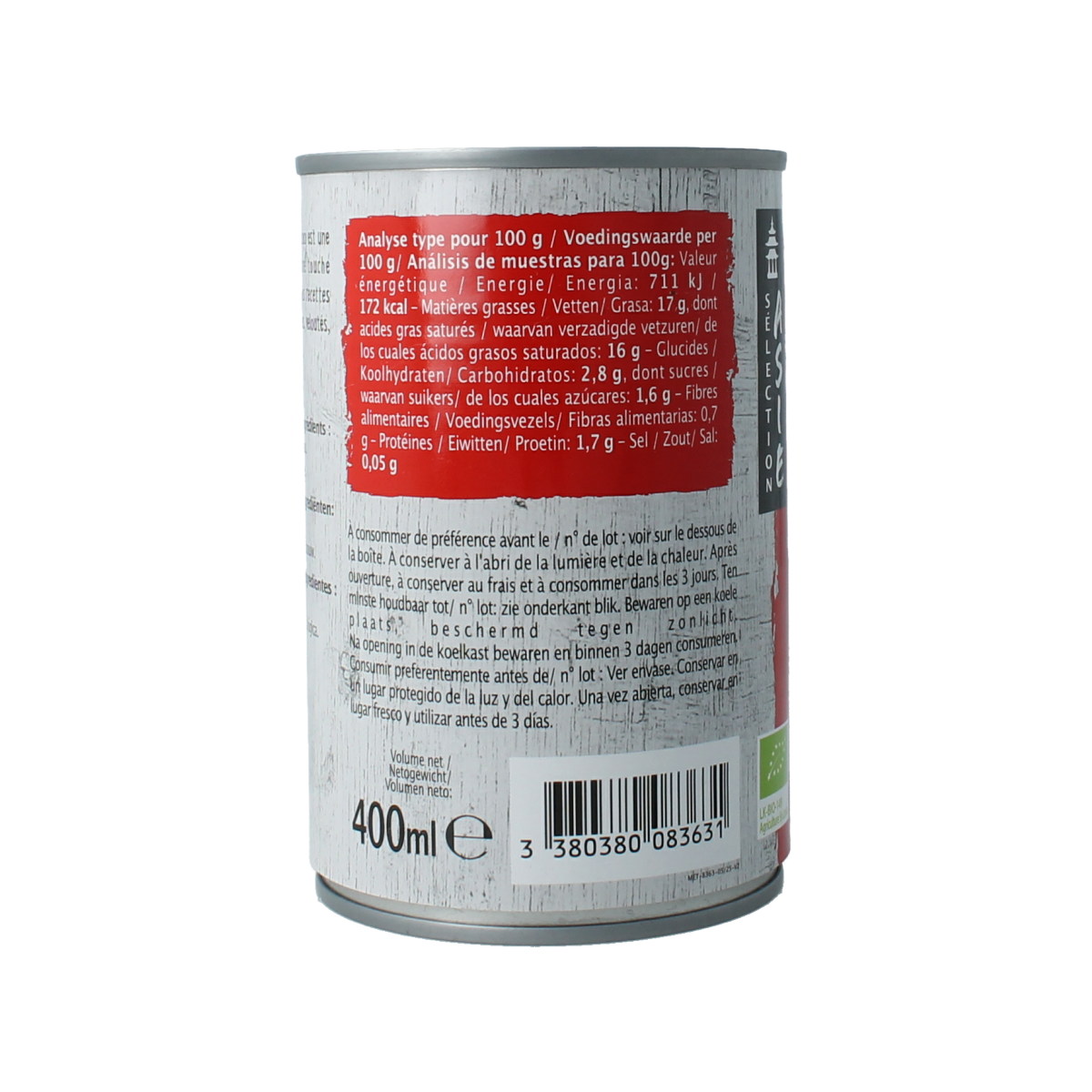 Primeal bio coconut milk in 400ml carton, used for sauces and flavoring, with a smooth, creamy texture and natural coconut flavor.