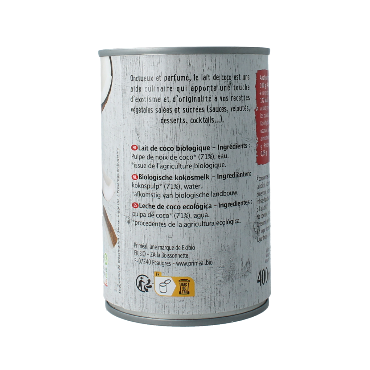 Primeal organic coconut milk in a 400ml bottle, used as a sauce and flavoring in cooking, with a white liquid appearance
