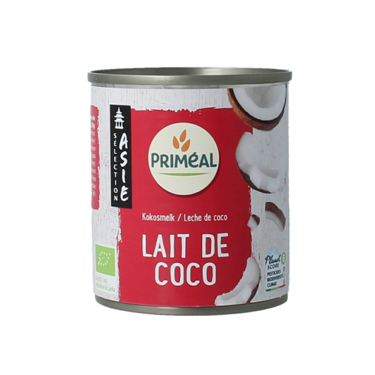 Primeal bio coconut milk in a 225ml container, ideal for sauces and flavoring, with a smooth, creamy texture.