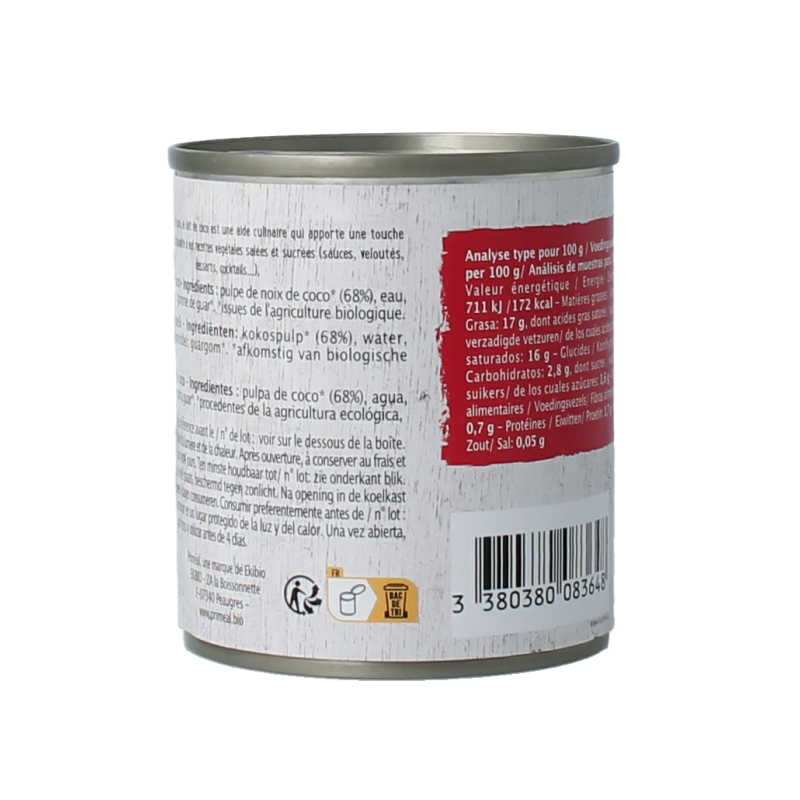 Primeal organic coconut milk in a 225ml bottle, used as a sauce or flavoring, with a white liquid inside.