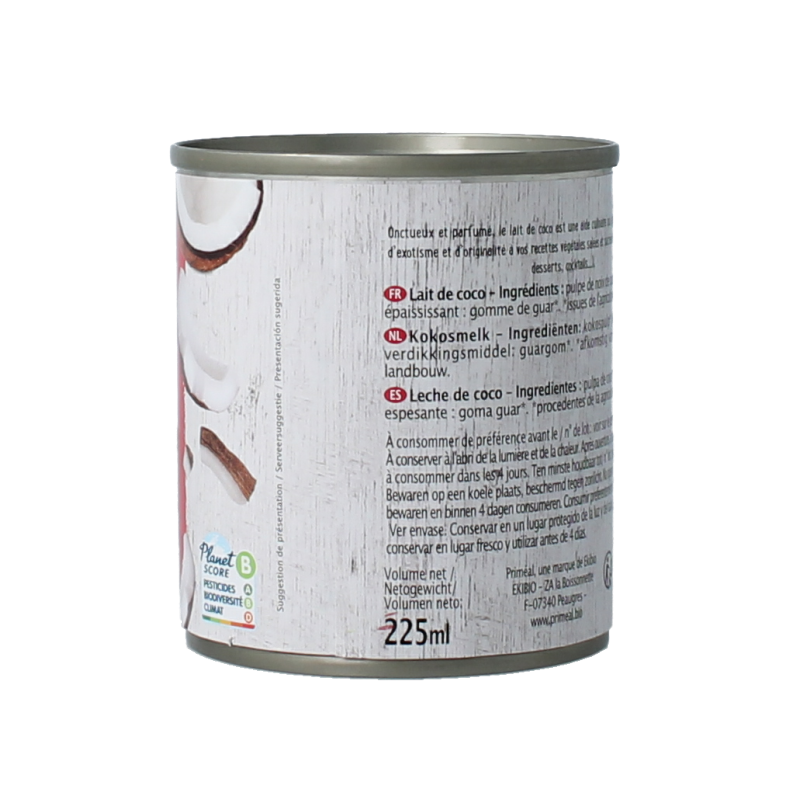 Primeal bio coconut milk in a 225ml bottle, used for sauces and flavorings, shown in the image.